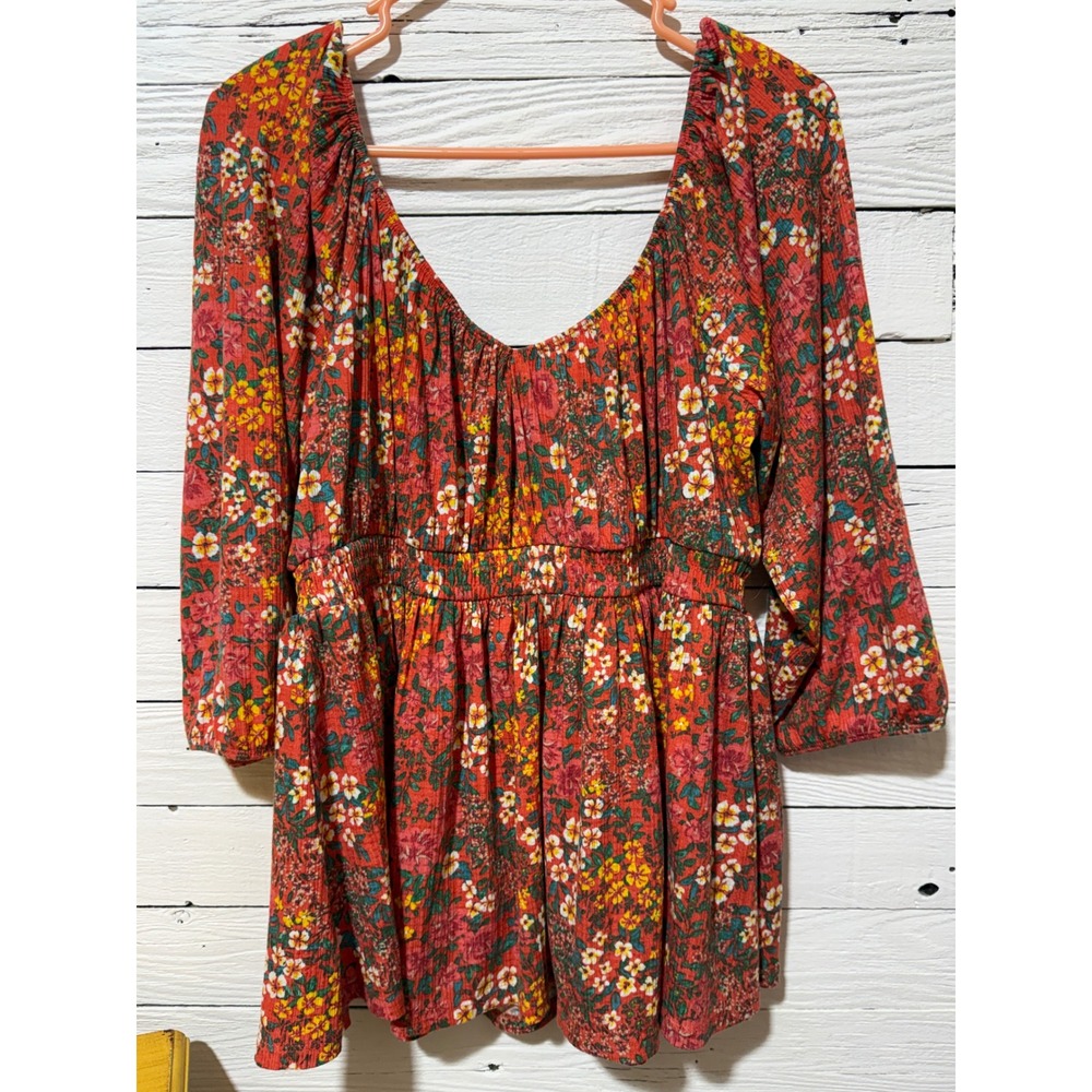 Torrid Floral Smocked Waist Babydoll Top Rust Orange 3/4 Sleeve Plus Size 0 L XL - Picture 5 of 5